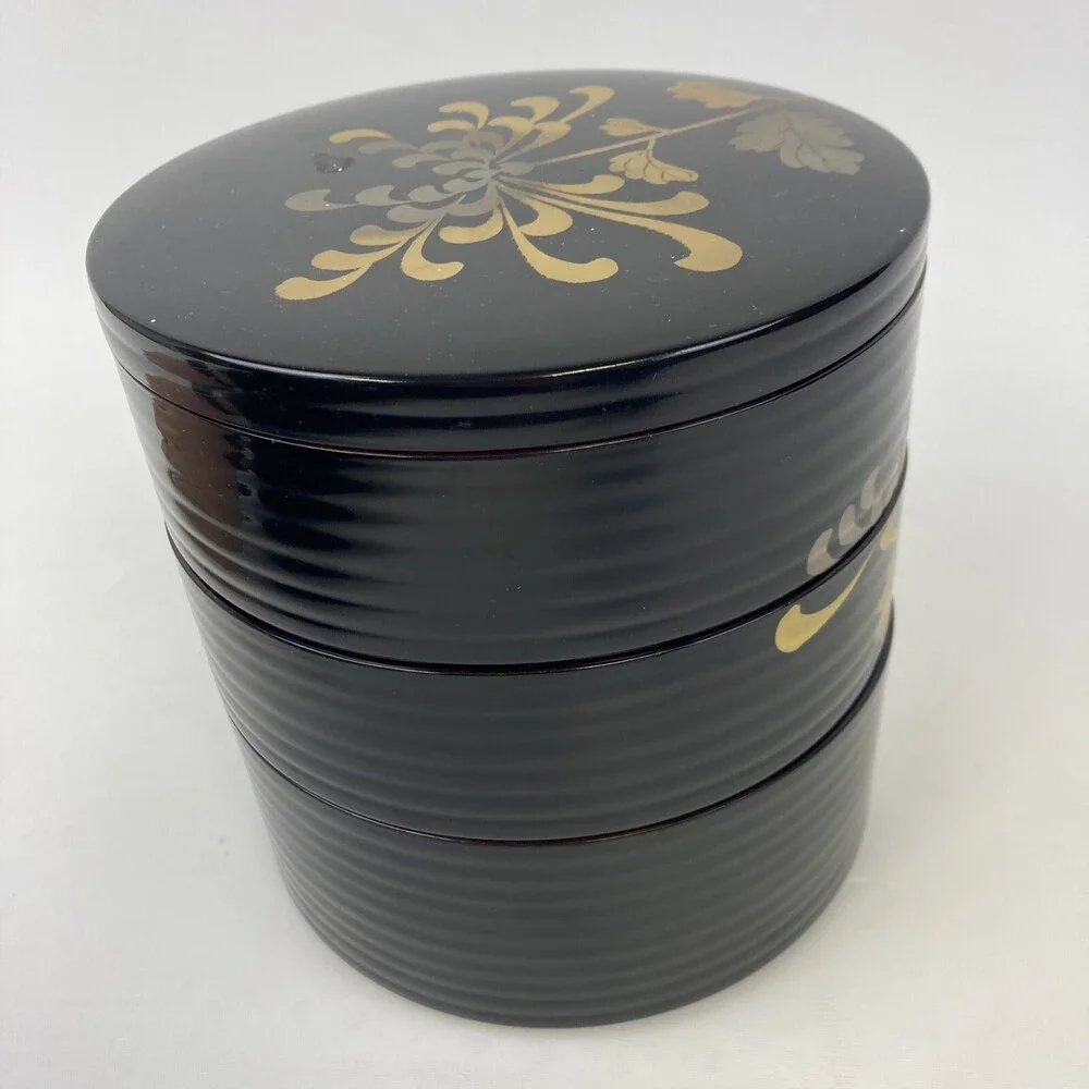 VTG Japan Round 3 Tier Floral Black Laquerware Plastic Trinket Box Lined